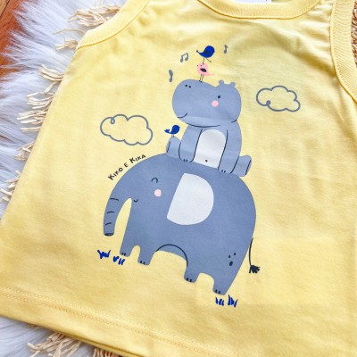 Conj. Regata Elefante com Hipopótamo e Bermuda - Amarelo e Azul